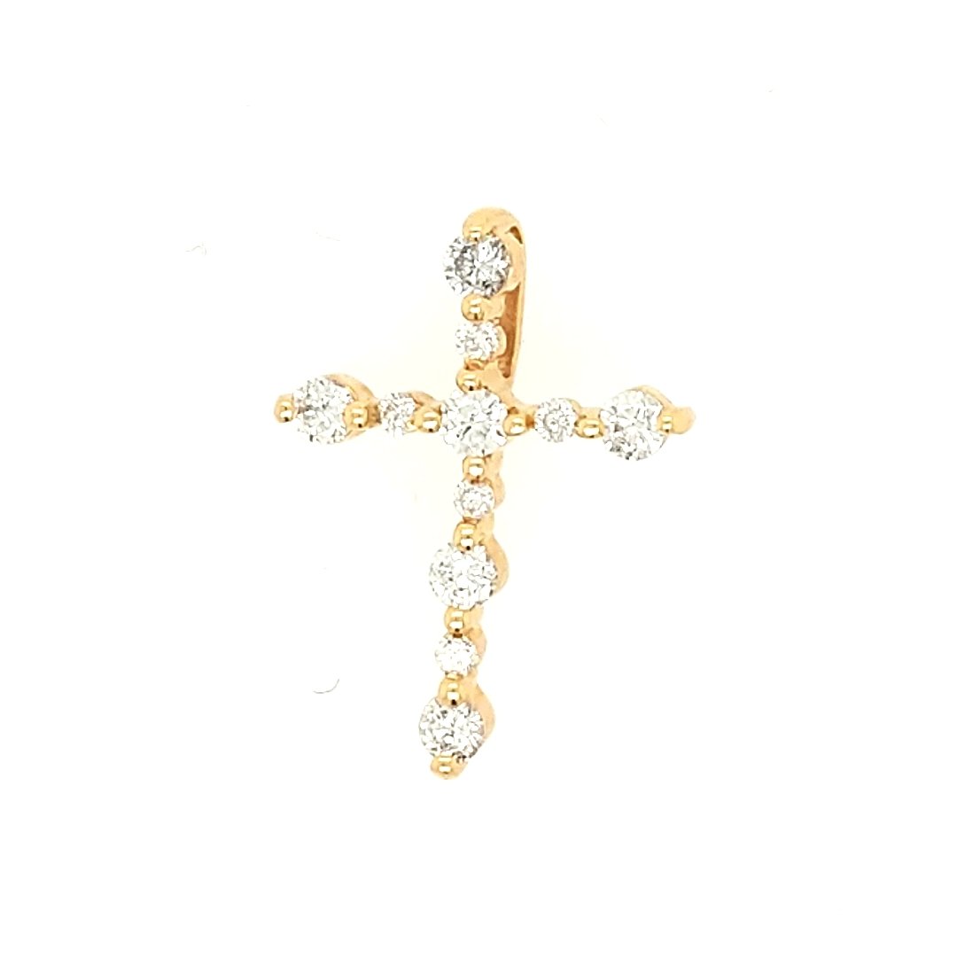 A Diamond Cross pendant: Crafted in 18k yellow gold featuring (11) round diamonds weighing .58cttw with a color of H/I and a clarity of I1 Size: 1" x 3/4" Weight: 1.2dwt