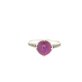 Dreicer & Co Star Ruby and Diamond Ring: Stamped Dreicer & Co circa 1900. Crafted in platinum featuring (1) cabochon star ruby weighing approx 4.66ct and (34) round diamonds weighing appprox .20cttw. The ring weighs 2.5dwt and is a size 6 3/