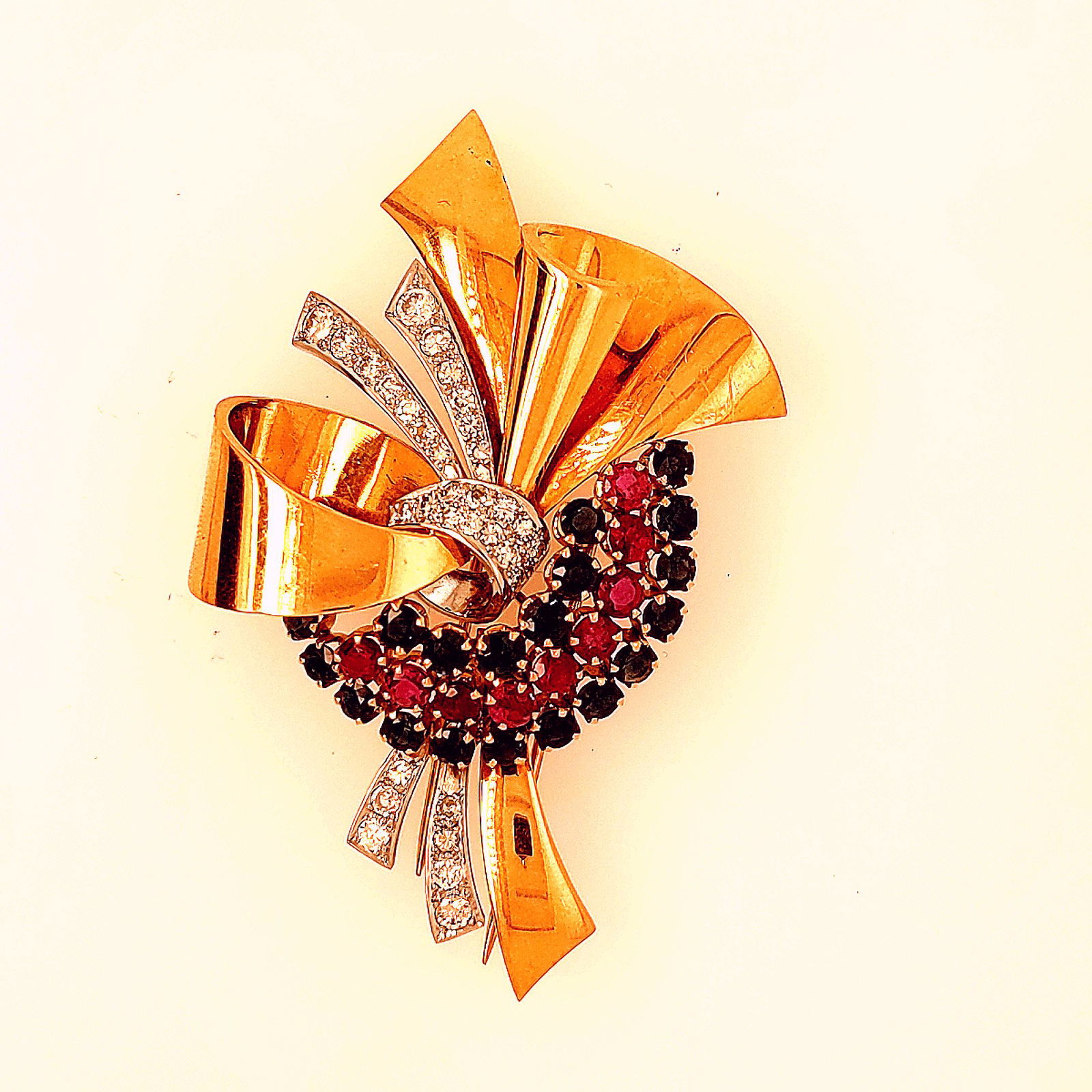 Sapphire, Ruby and Diamond Bow Pin (1 of 2)