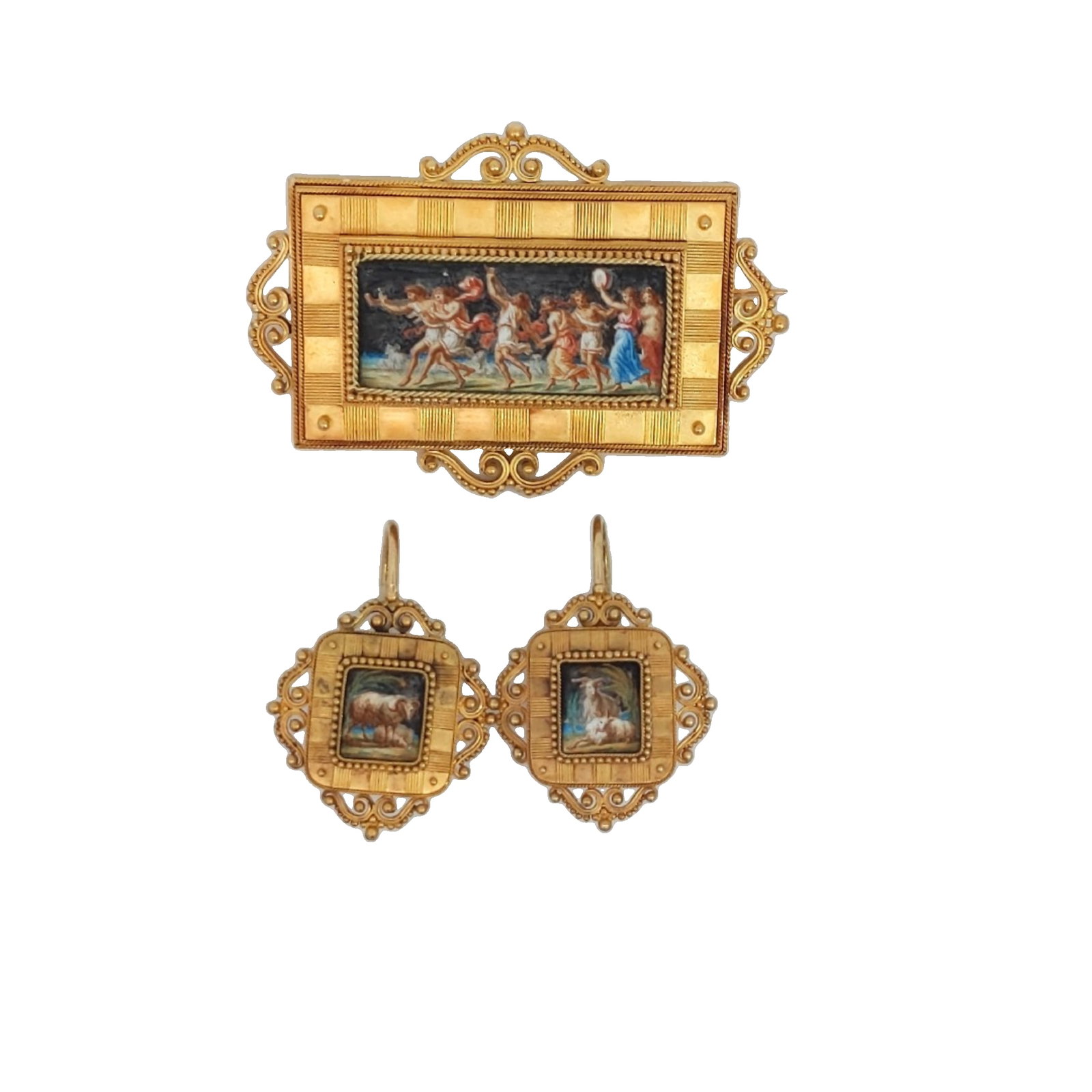 French Eugene Fontenay Archeological Revival Brooch & Earrings circa 1860-1880: Crafted in 18k yellow gold this set features hand painted enamel porcelain centerpieces depicting Greek mythological scenes. Further embellished with gold granulation and twisted wire, the set is the