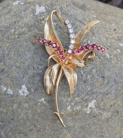 Vintage Ruby and Diamond Flower Brooch