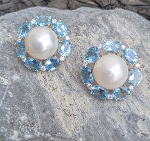Aquamarine Diamond and South Sea Pearl Earrings