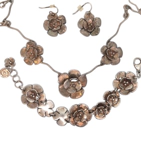 Sterling Flower Necklace, Bracelet and Earring Set