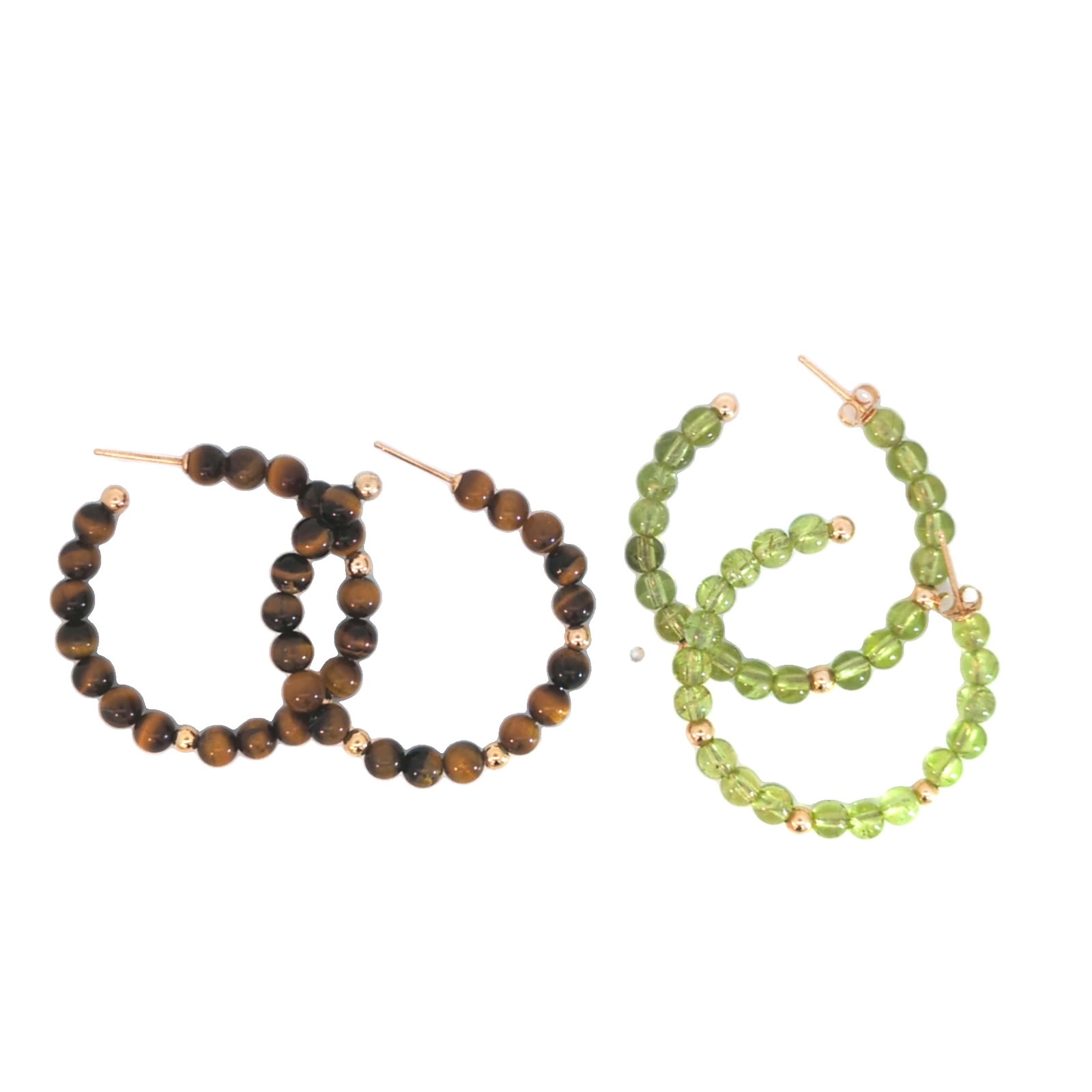 A Pair of Green and Tiger Eye Earrings: Both sets are crafted in 14k yellow gold. The earrings measure 1in x 1in and weigh 5.9dwt. The beads are 4mm in width