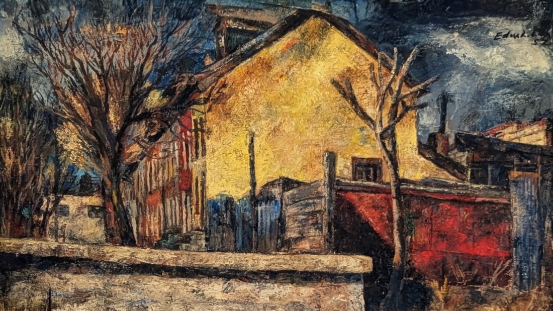 Edward Loper Sr., American, (1916-2011), “Yellow House #18": Edward Loper Sr. American (1916-2011), “Yellow House #18”, Oil on canvas, signed upper right, dated 52. The painting measures 20in x 24in and 20 3/4in x 24 3/4in with bands.