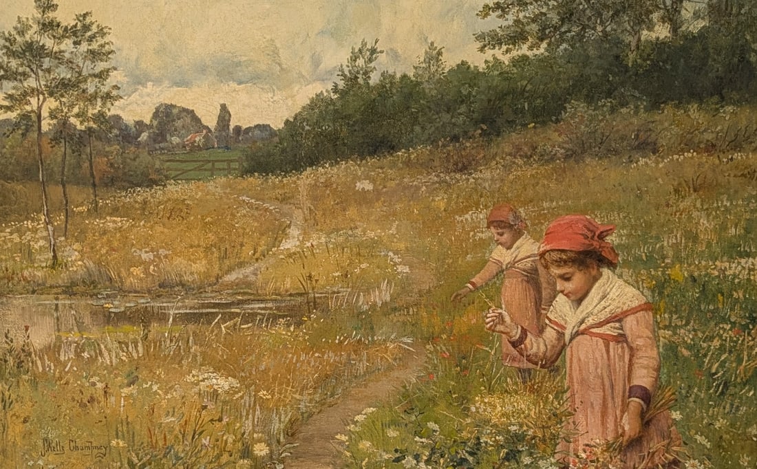 James Wells Champney, American, (1843-1903), “The Twins in the Field": Oil on canvas, signed lower left. The painting measures 18in x 26in and 26 1/2in x 34in in period frame.