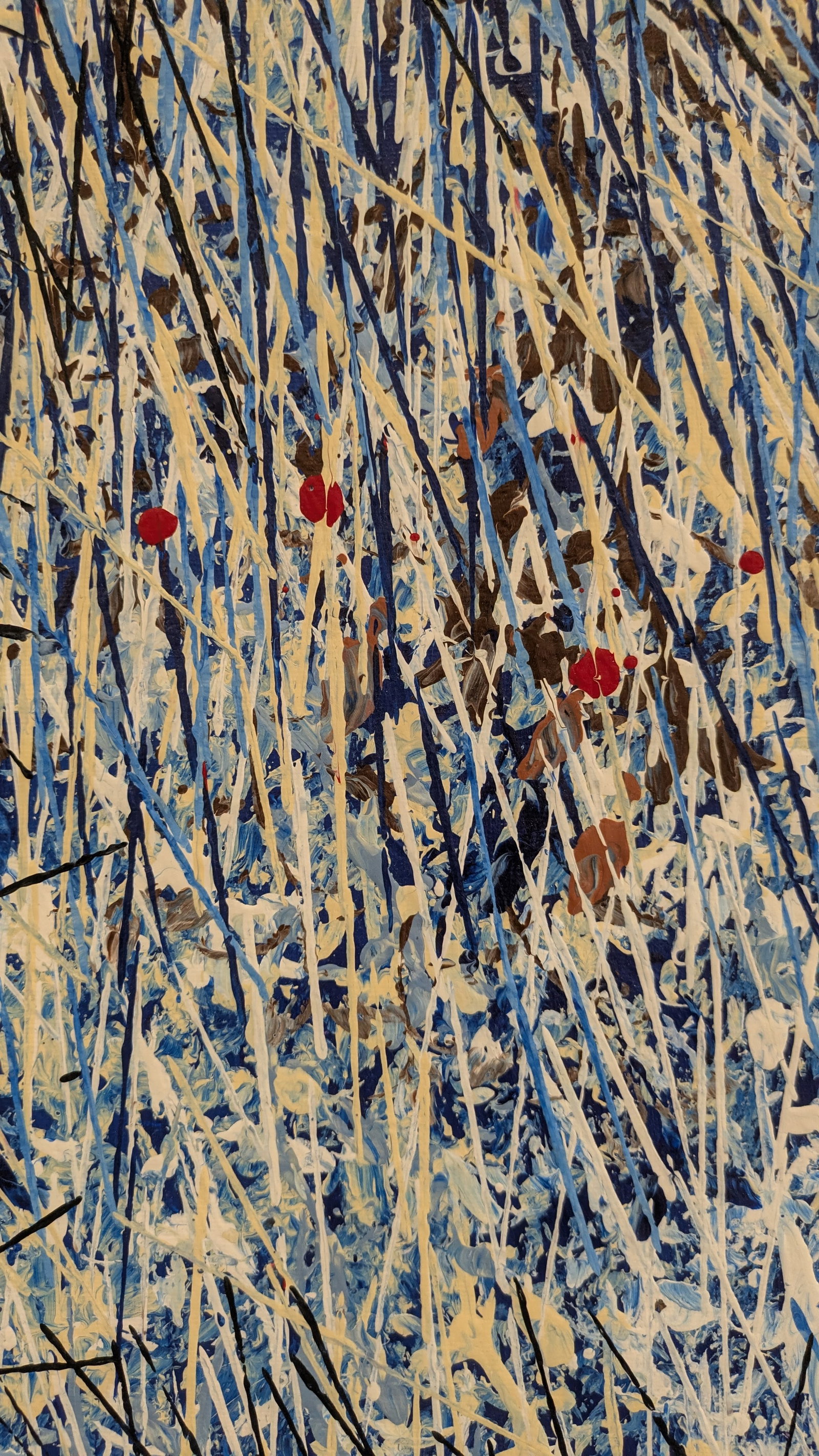 Jason Reed Smith “Chester County Blues": Jason Reed Smith is a Pennsylvania and Delaware based artist. The painting is an abstract reminiscent of a Jackson Pollack. This painting is signed and inscribed on reverse with a self portrait. The p