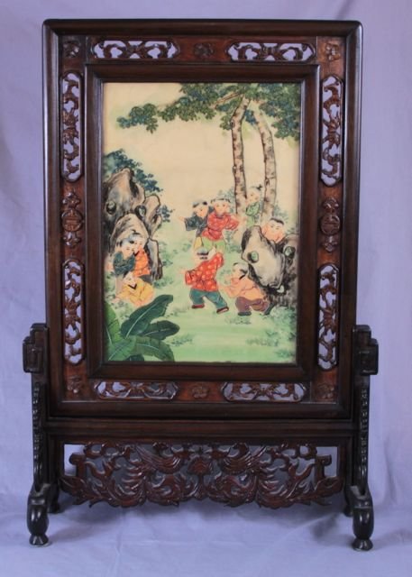 2 Sided Chinese Painted Stone Screen: 2 sided Chinese painted stone screen with stand. 16" x 10"