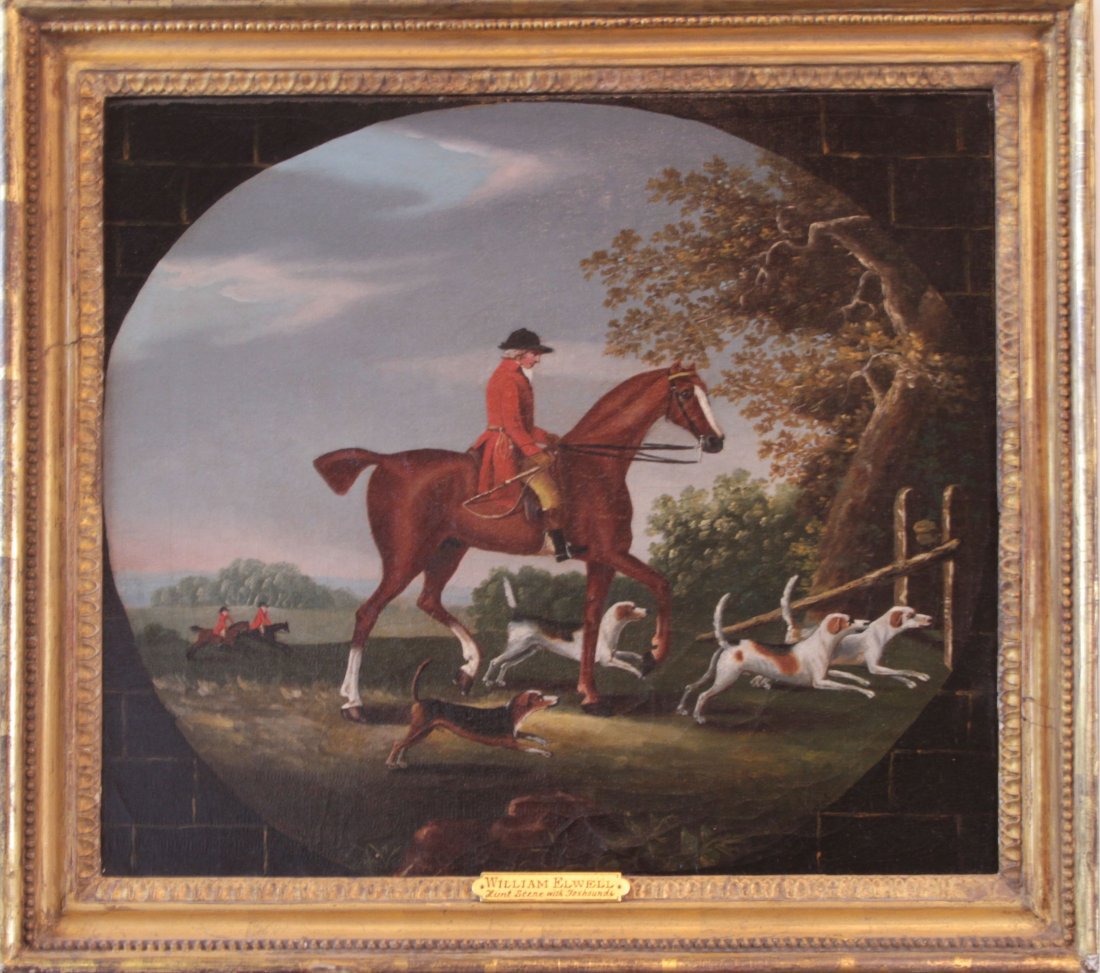 Elwell William, British "Hunt Scene with fox Hounds": Oil on Canvas, Signed and dated 1796 lower right, (active 1790's) 13 1/2" x 15 1/4", British, Provenance: Frank S Schwarz and sons, Philadelphia collection XLVI plate #4,
