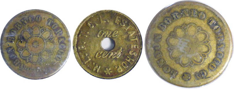 British North Borneo, ND Estates Tokens, One Cent, GVF: British North Borneo, ND Estates Tokens: London Borneo Tobacco Company, ½ Dollar; 1 Dollar Brass, KNB46; 47, AVF; and New Labuan Borneo Tobacco Company Ltd (N.L.B.T.C.) One Cent, KNB50, GVF