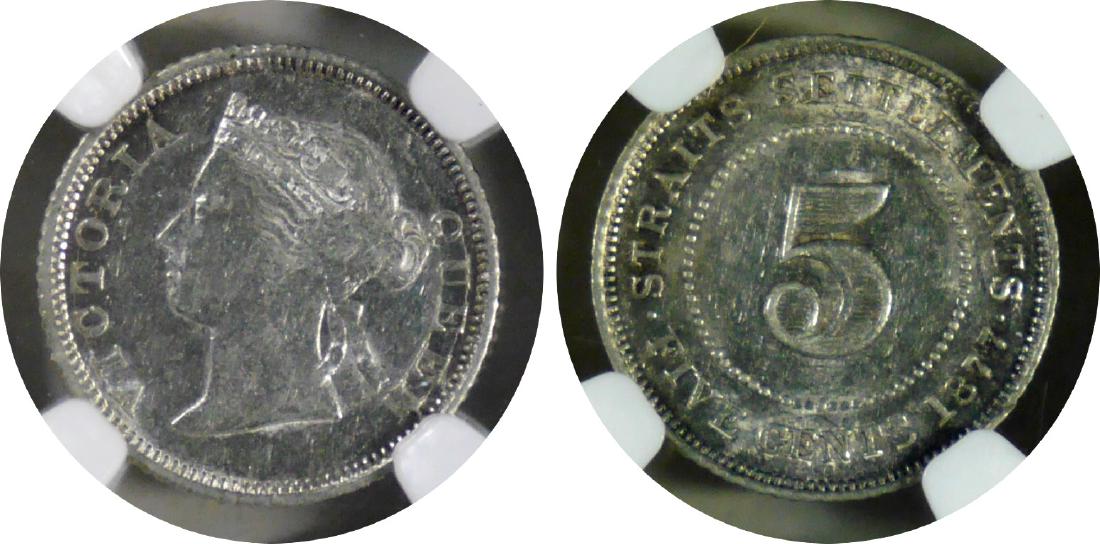 Straits Settlements, 1877, Silver 5c. NGC AU 55 (1 of 1)