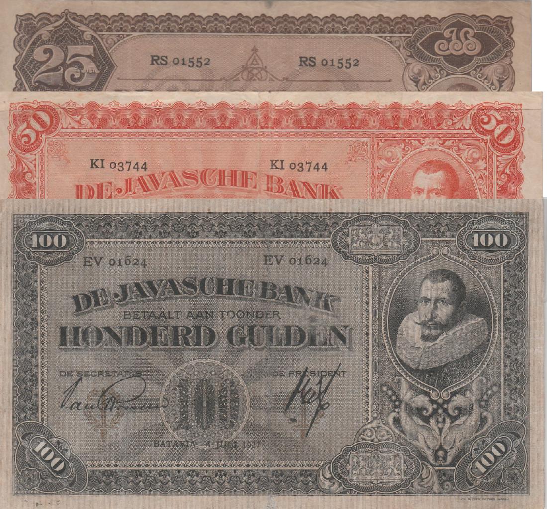 Netherlands Indies, Javasche Bank: Netherlands Indies, 1927, 25 Gulden RS 01552, P-71; 100 Gulden, EV 01624, P-72; and 1930, 50 Gulden, KI 03744, P-72. Total 3pcs. AVF-VF 荷属印度, 1927年, 25 Gulden RS 015