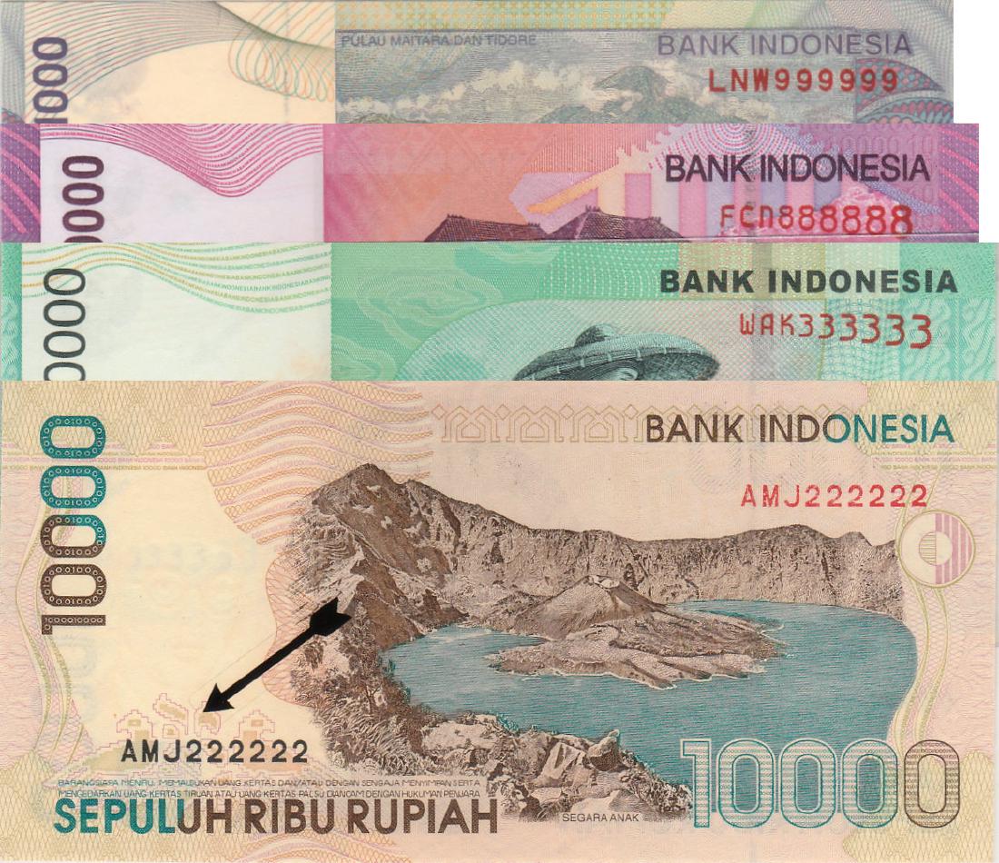Indonesia, 1998, 10000 Rupiah,: Indonesia, 1998, 10000 Rupiah, AMJ222222; 2000, 1000 Rupiah, LNW999999; 2004, 20000 Rupiah, WAK333333; 2005, 10000 Rupiah, FCN888888. AU-UNC x4 印尼, 1998年, 10000 Rupiah, AMJ222222;