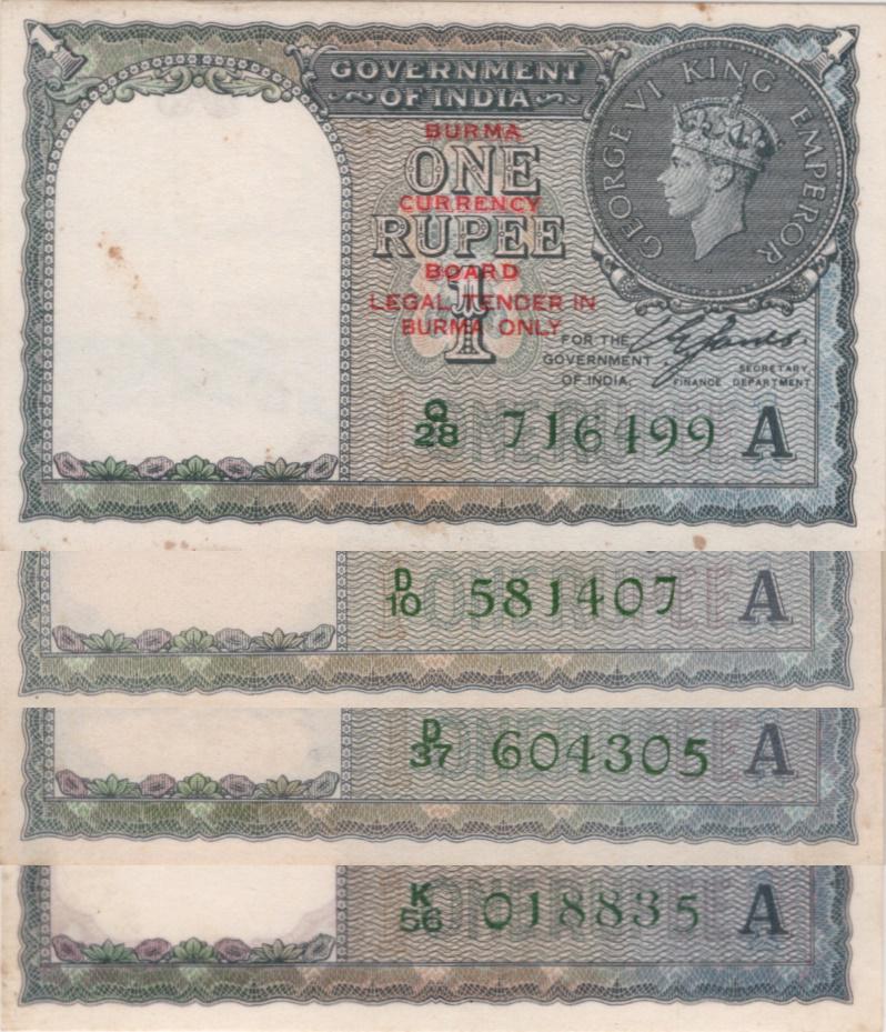 Burma 1 Rupee: Burma, ND (1945), 1 Rupee with red overprint “Military Administration of Burma legal tender in Burma only” on India #25 notes, watermark: King George VI, D/10 581407A; D/37 604305A; K/56 018835A a