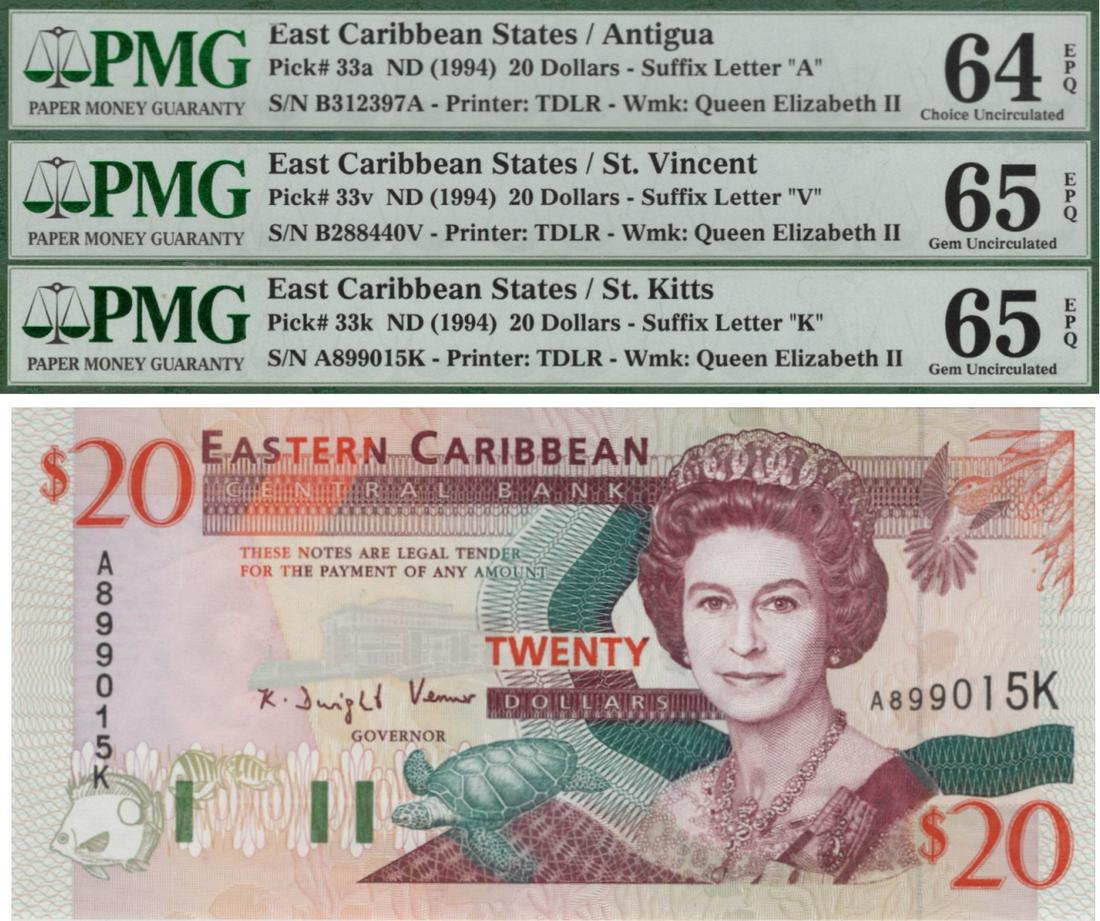 East Caribbean States, St. Kitts: East Caribbean States, St. Kitts, ND (1994), $20, B312397A, Pick#33a, PMG MS 64 EPQ, suffix “A”; A899015K, Pick#33k, PMG MS 65 EPQ, suffix “K”; B288440V, Pick#33v, PMG MS 65 EPQ, suffix “V��