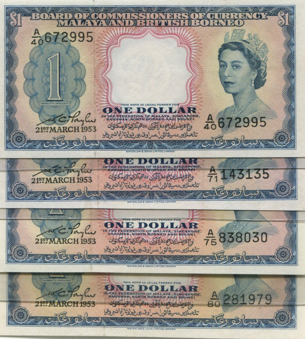 $1 Queen Elizabeth II 1953 A/40 672995, A/71 143135, A/: $1 Queen Elizabeth II 1953 A/40 672995, A/71 143135, A/75 838030, A/80 281979. EF/Au 4pcs.