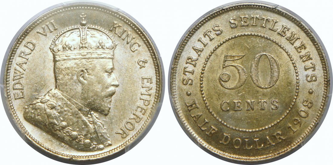 Straits Settlements, 1908, Silver 50c. PCGS AU 58 (1 of 1)