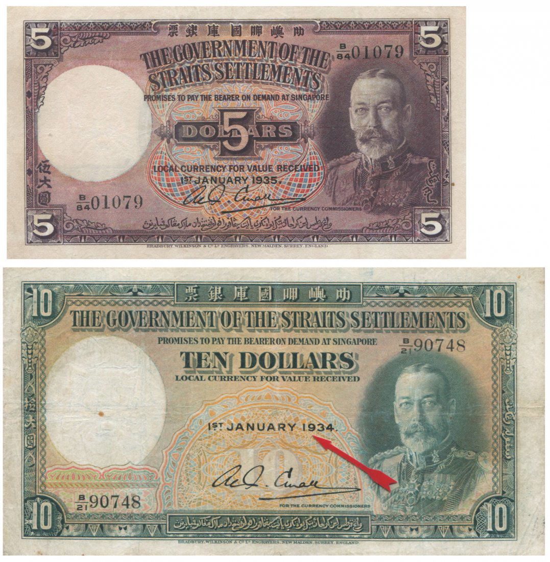 Straits Settlements, 1934, $10 & 1935, $5, VF. 2pcs (1 of 1)