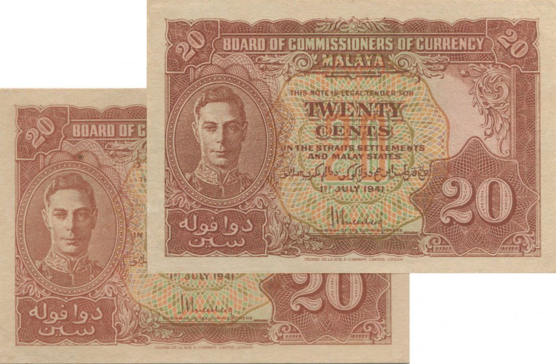 Malaya, 1941, King George VI, 20c. AU-UNC. 2pcs (1 of 1)
