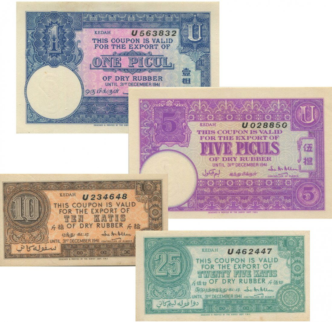 Kedah, Rubber Export Coupons. 4pcs. AU-UNC (1 of 1)