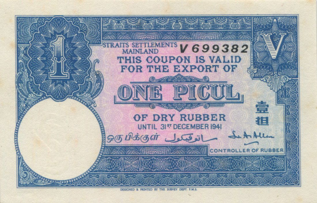 Straits Settlements, Rubber Export Coupons, 1 picul, (1 of 1)