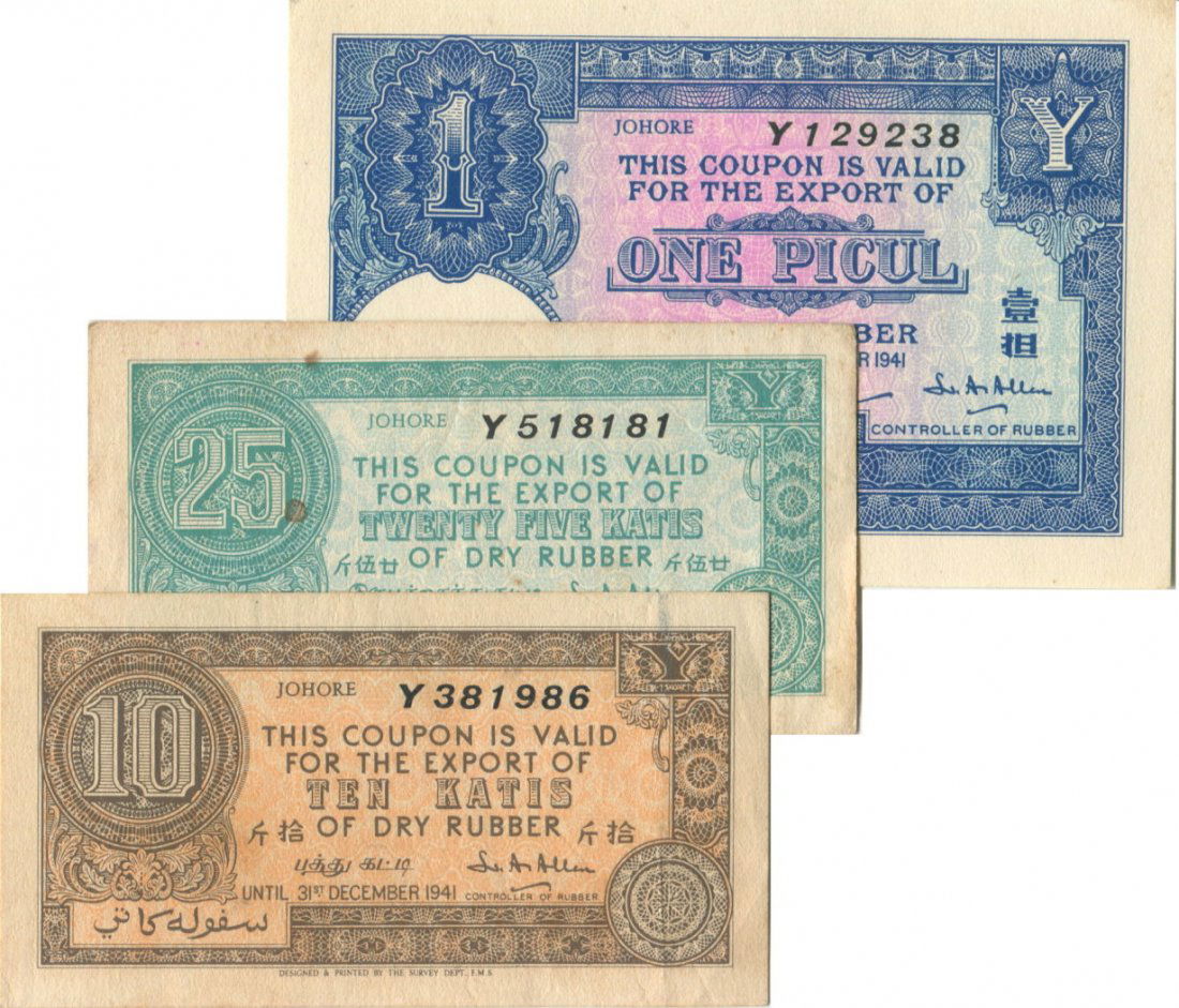 Johore, Rubber Export Coupons. 3pcs. EF-UNC (1 of 1)