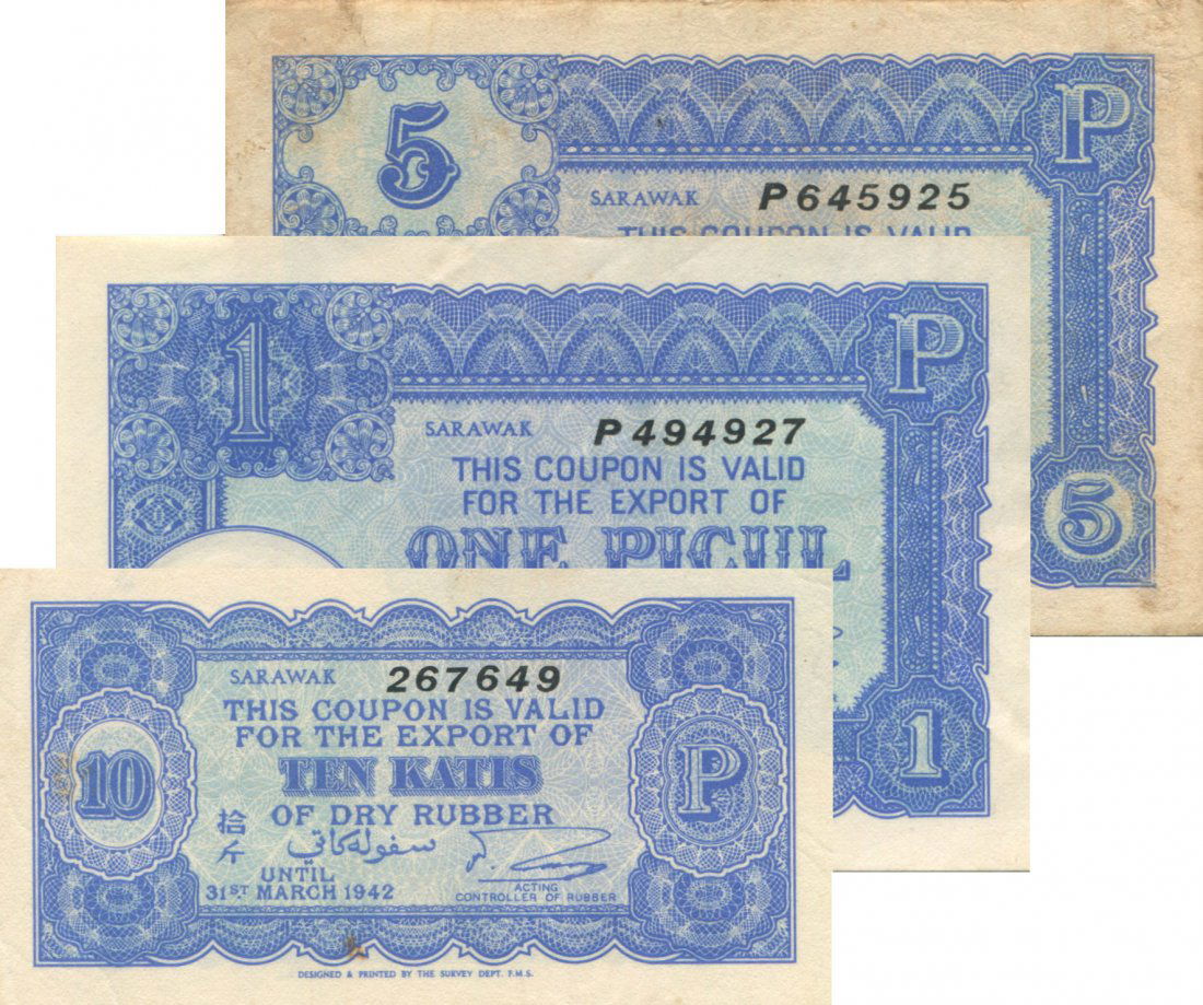 Sarawak, Rubber Export Coupons. 3pcs. EF-UNC (1 of 1)