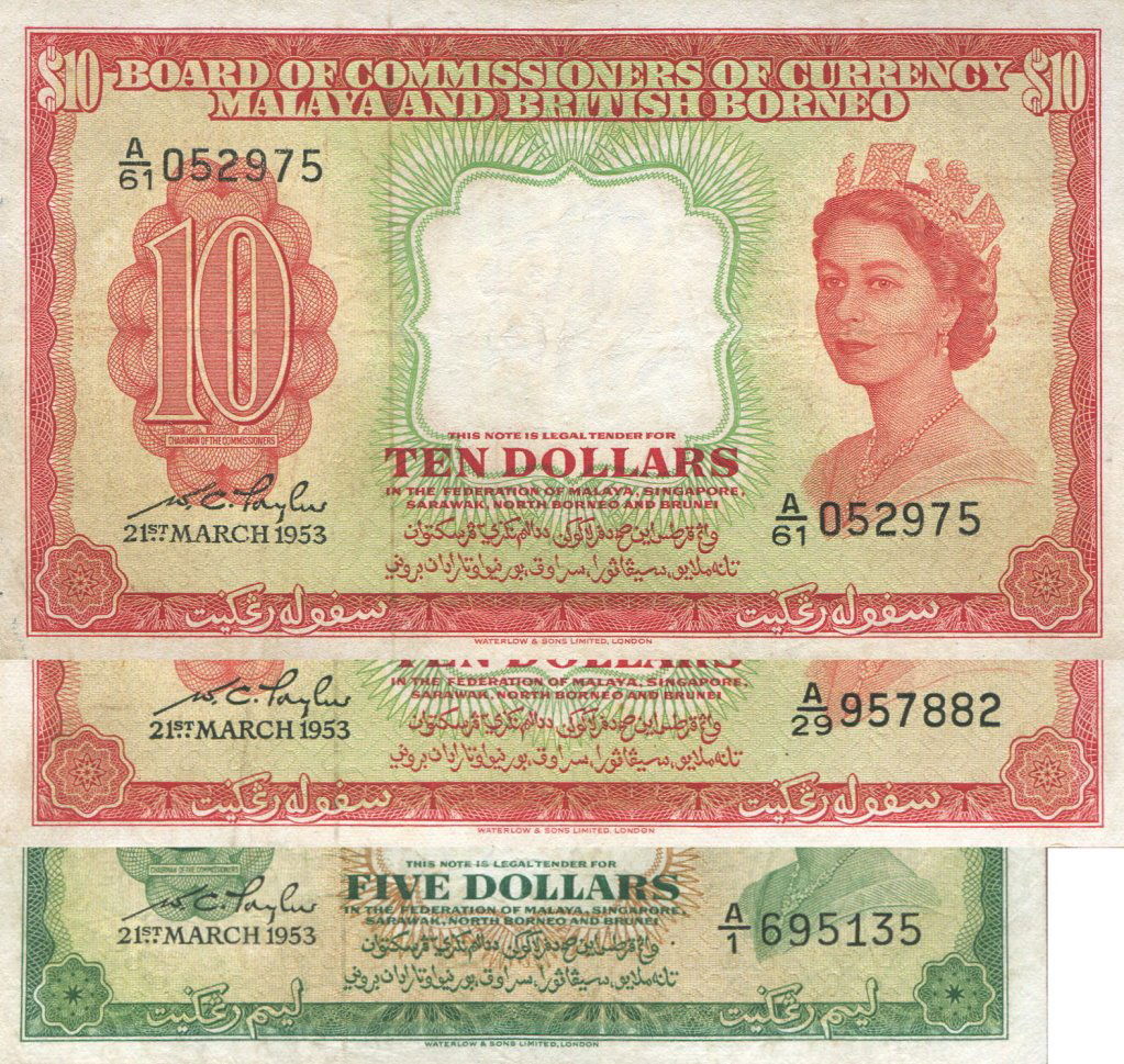 Malaya & British Borneo, 1953, $5 & $10. 3pcs (1 of 1)