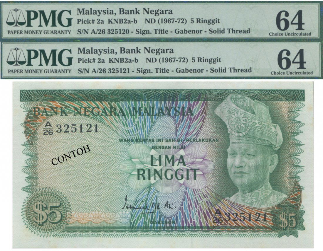 MY, 1st series, RM 5, consecutive pair.PMG UNC 64 (1 of 1)