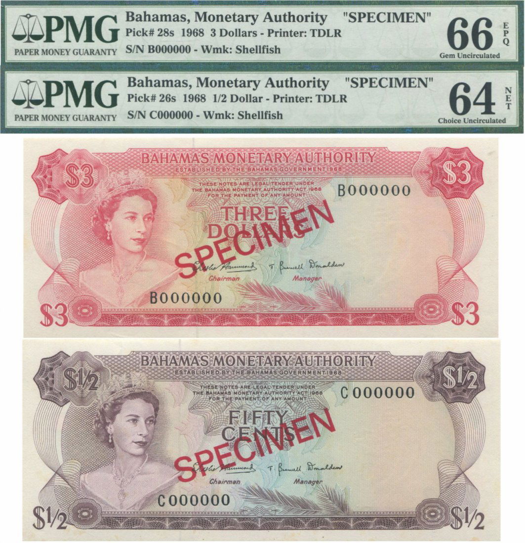Bahamas, 1968, $  and $3, Specimen, 2pcs (1 of 1)