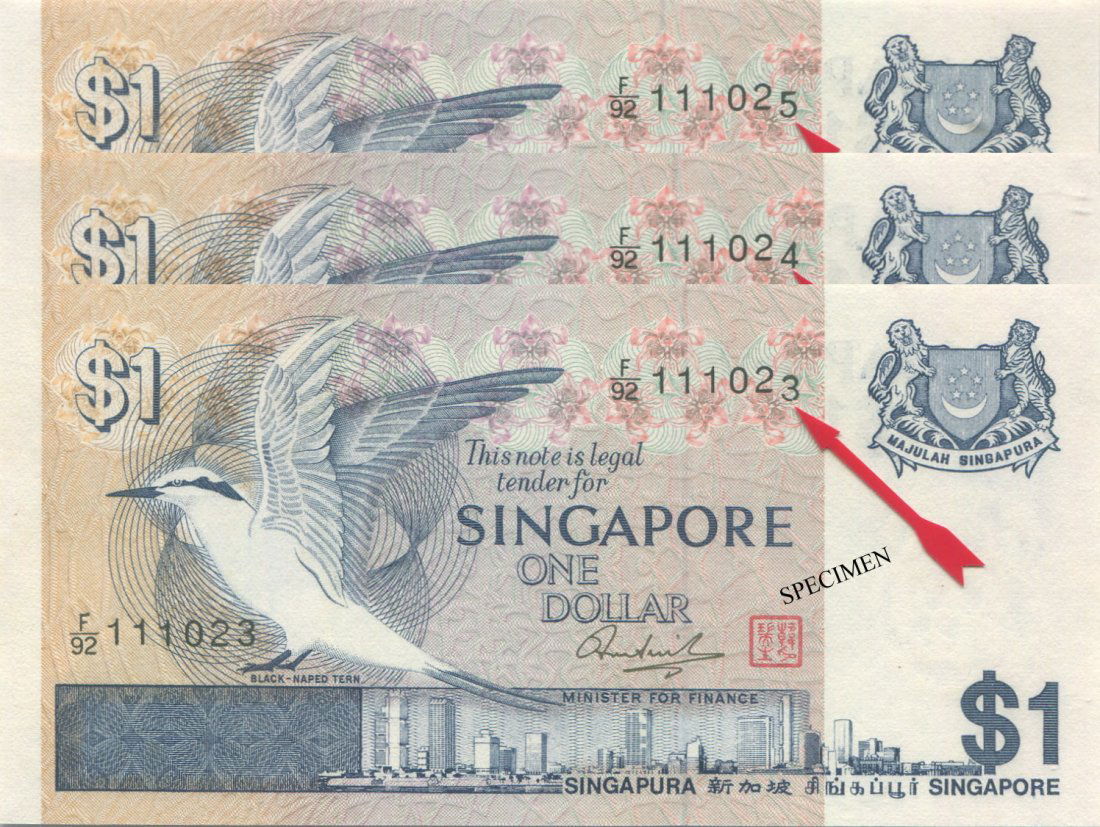 SG, Bird, $1, error notes, 3pcs Error. UNC (1 of 1)