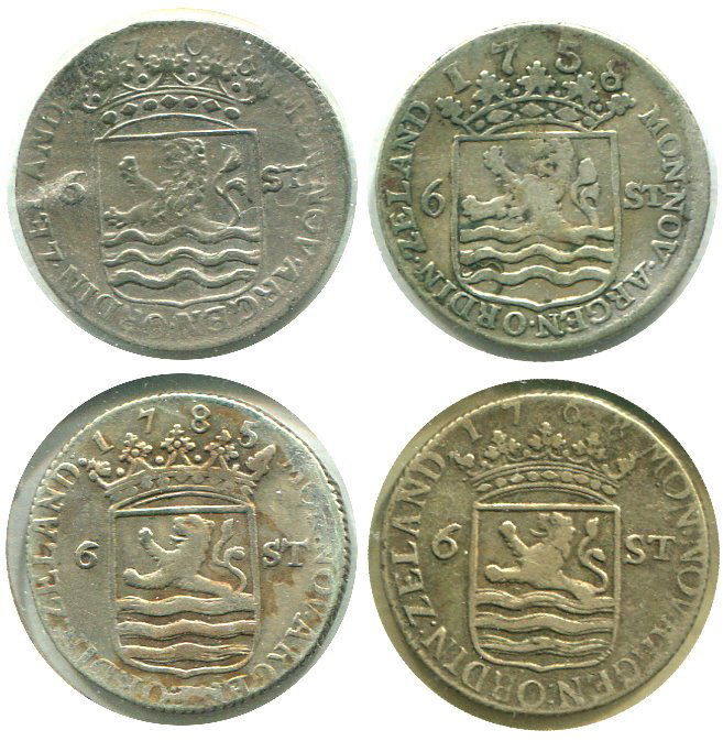 Netherlands, Zeeland, 4pcs. VF: Netherlands, Zeeland, 1758; 1763; 1768; 1785, Silver 6 Stuivers (KM#90.2). 4pcs. VF 荷兰, 泽兰省, 银6 Stuivers, 4个不同年份合