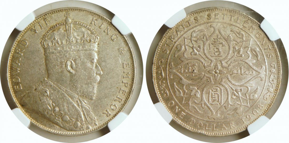 Straits Settlements, 1908, Silver dollar. NGC AU 55 (1 of 1)