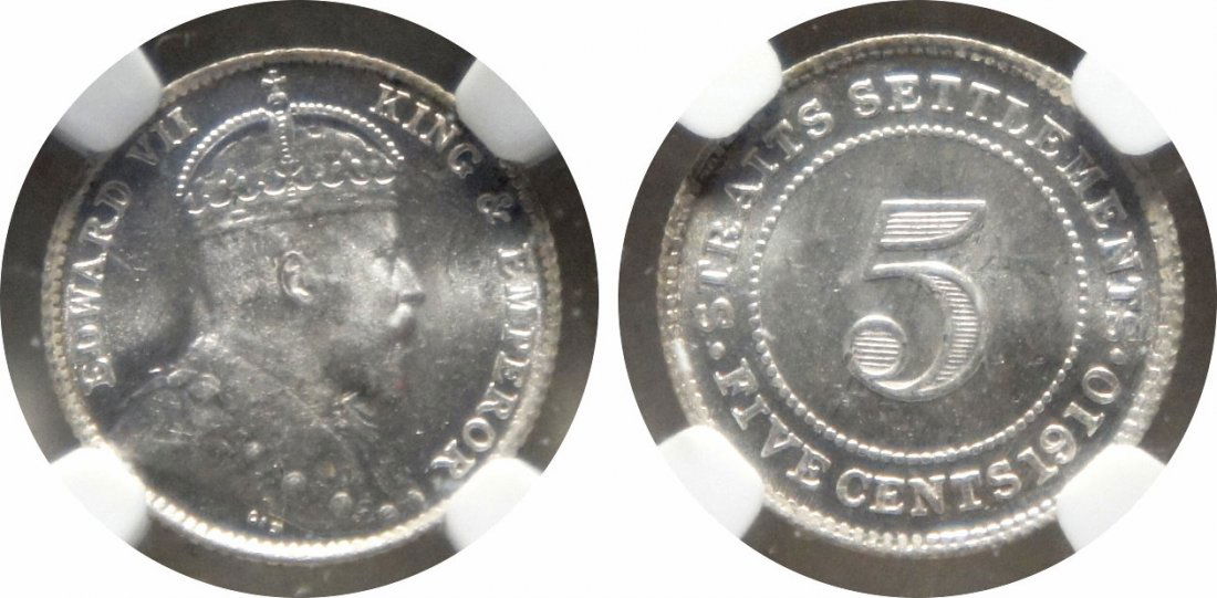 Straits Settlements, 1910B, Silver 5c. NGC MS 63+ (1 of 1)