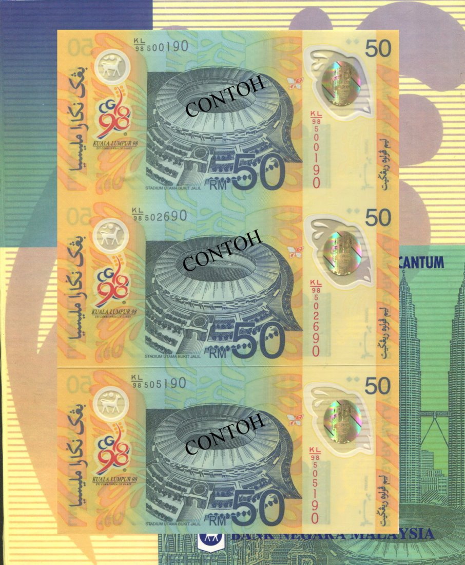 MY, 8th series, $50, KL/98 3 in 1 uncut, UNC (1 of 1)