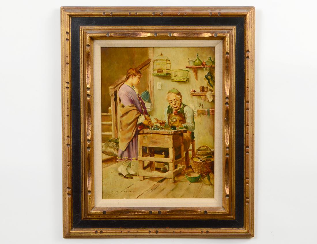 CONTINENTAL SCHOOL (Early 20th Century): “The Toymaker’s Shop”. Signed A.F. Bauer l/l. Oil on Panel. Measuring 15 1/2” by 11 1/2”. Framed. (Cond: good) (250/300)