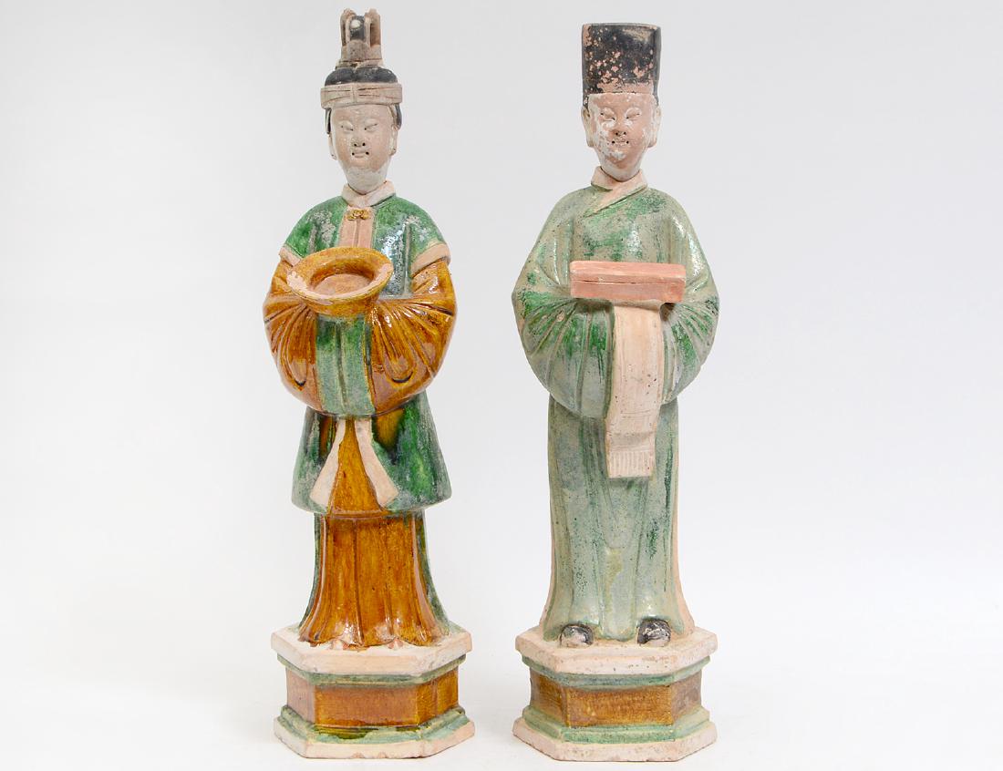 PAIR OF CHINESE PAINTED POTTERY COURT FIGURES (1 of 9)
