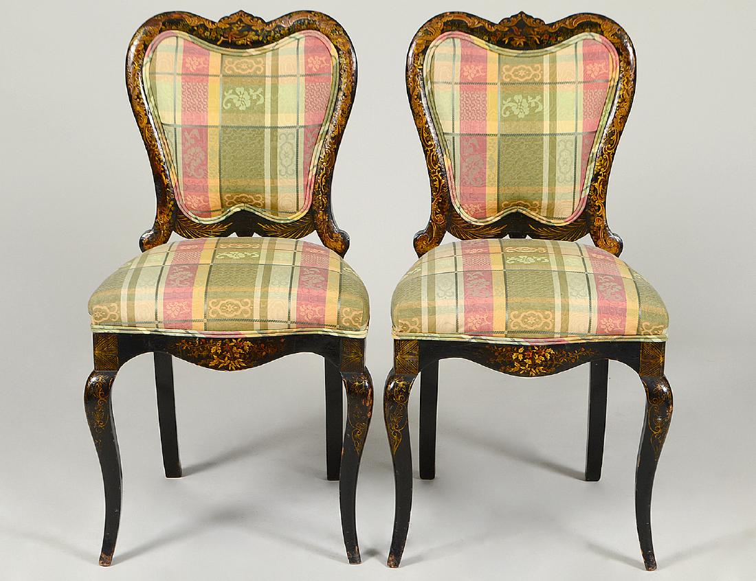 PAIR VICTORIAN JAPANNED BALOON BACK SIDE CHAIRS (1 of 6)