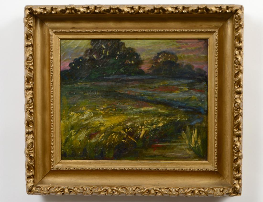 DWIGHT TRYON (American. 1849-1925): “Landscape at Dusk”. Signed l/l. Oil on Canvas. Measuring 11 1/2” by 14”. Framed. (Cond: crazing) (500/700)