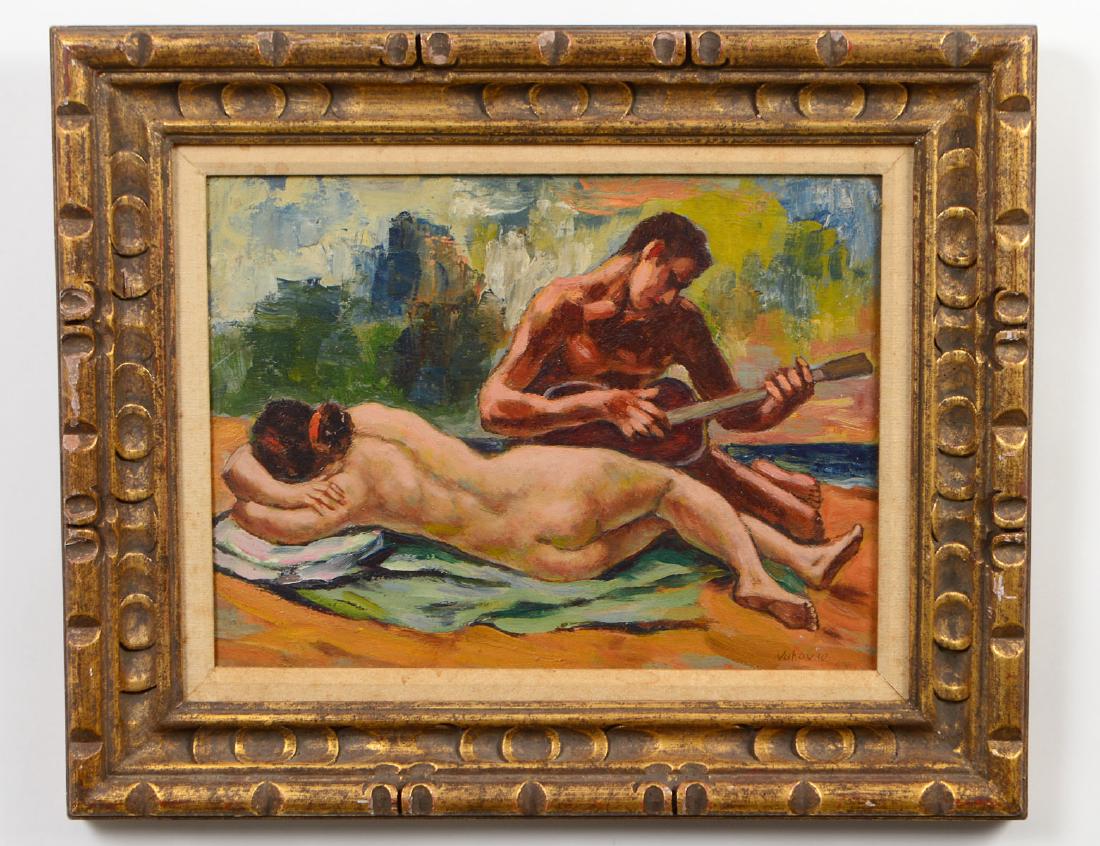 MARKO VUKOVIC (American. 1892-1973): “Guitarist with Reclining Nude”. Signed l/r. Dated ’58. Oil on Board. Measuring 11 1/2” by 15 1/2”. Framed. (Cond: good) (250/300)