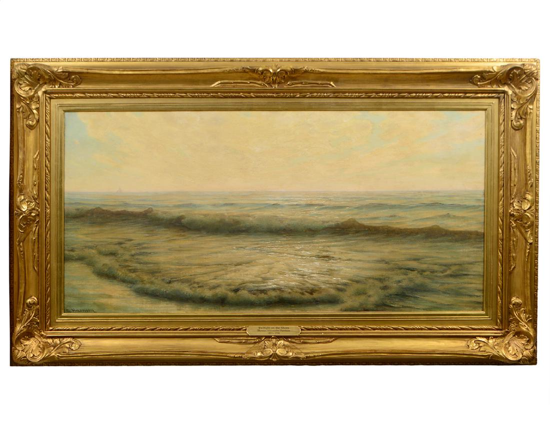 THOMAS ALEXANDER HARRISON (American. 1853-1930): “Twilight on the Shore”. Signed A. Harrison l/r. With a John Levy Gallery, New York paper label. Oil on Canvas. Measuring 24” by 48”. Period gilt wood frame. (Cond: good, yellowed varnish) (20
