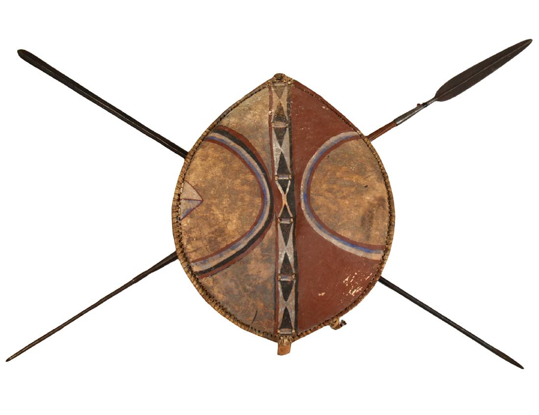 TWO ETHNOGRAPHIC SPEARS AND A PAINTED HIDE SHIELD (1 of 4)