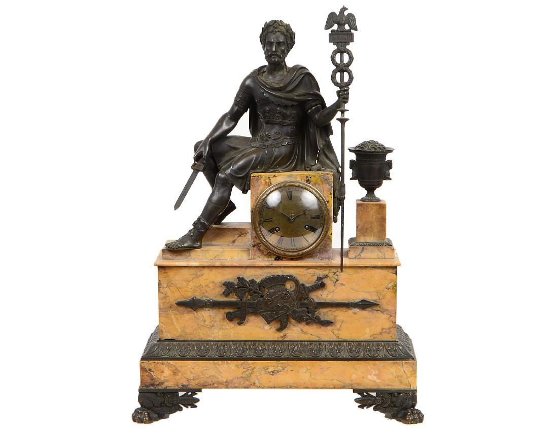 FRENCH PATINATED BRONZE & SIENNA MARBLE MANTLE CLOCK (1 of 8)