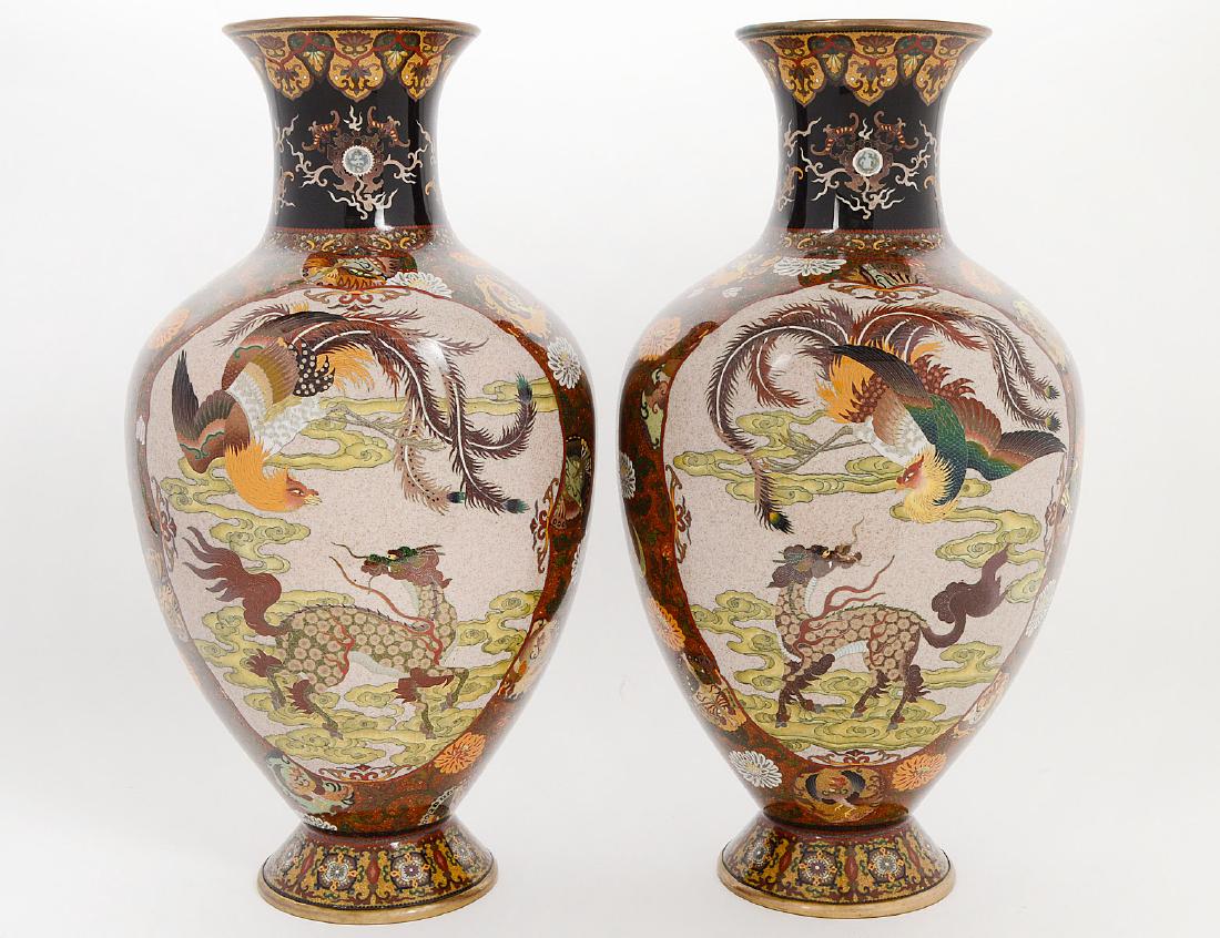 PAIR OF JAPANESE POLYCHROME CLOISONNE VASES (1 of 11)