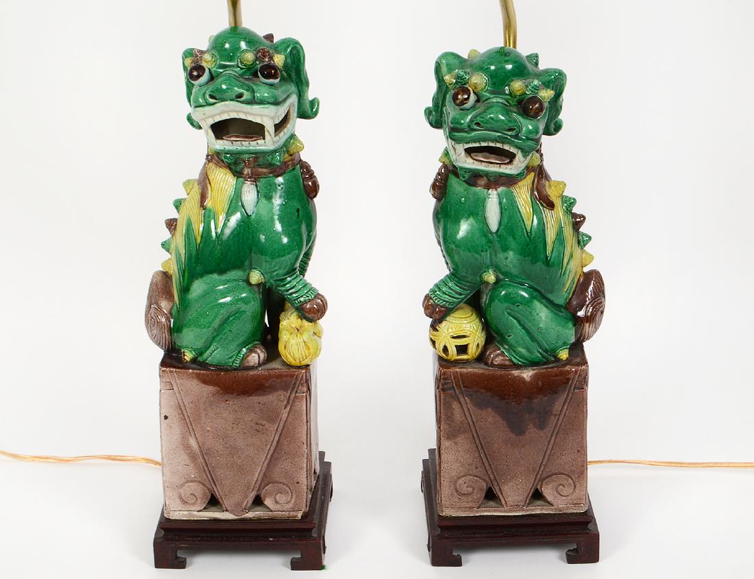 PAIR OF CHINESE SANCI GLAZED PORCELAIN FU-DOG LAMPS (1 of 6)