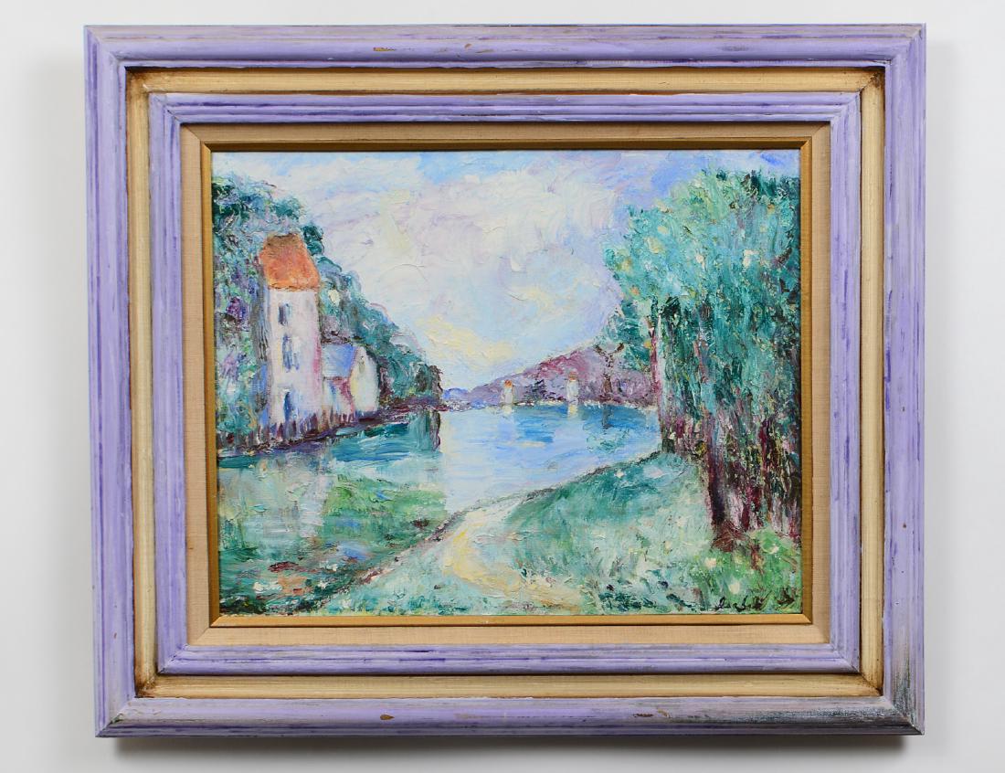 ISABEL GAMEROV (American. Born 1943): “Lakeside Village Scene”. Signed l/r. Oil on Canvas. Measuring 16” by 20”. Framed. (Cond: good) (1000/1500)