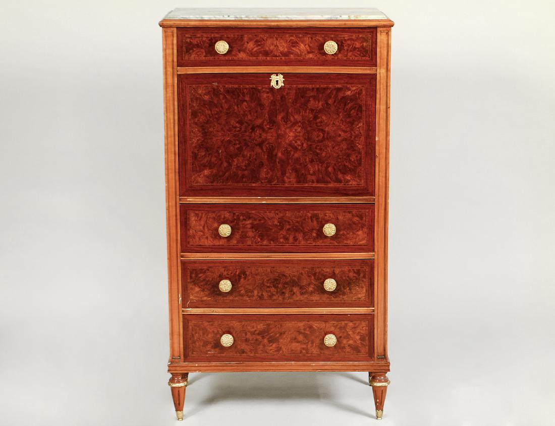 LOUIS XVI STYLE VARIOUS WOOD SECRETAIRE A’ABBATANT: 20th Century. The green, gold and gray speckled white marble top, above a fall-front over three long drawers, on circular turned feet. Height 52”. Width 28”. Depth 16”. (Cond: good overall) (400