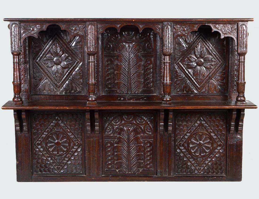 JACOBEAN STYLE CARVED OAK TWO-TIER SHELF (1 of 2)