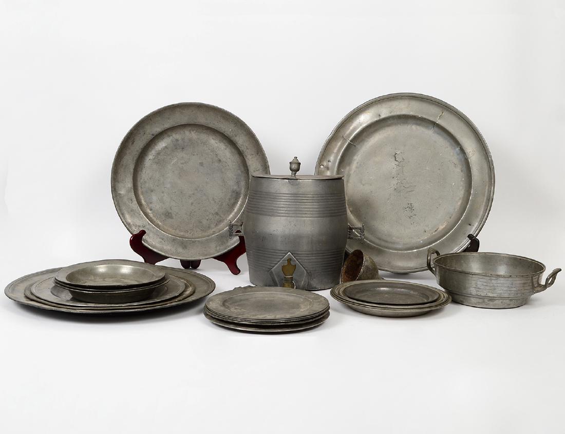 SIXTEEN GERMAN PEWTER CHARGERS, DISHES & BASIN (1 of 3)