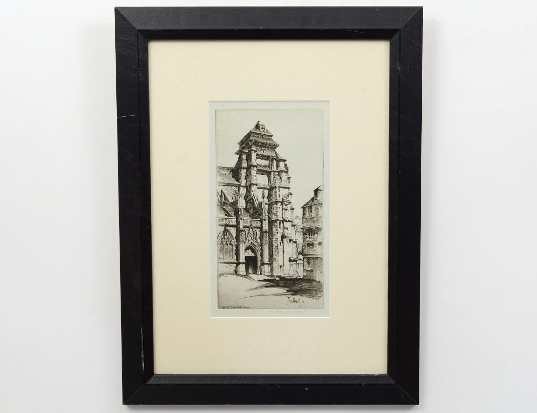 JOHN TAYLOR ARMS, JR. (American. 1887-1953): “Eglise St. Michel. Punt l’Eveque”. Signed l/r. Dated 1917. Etching. Measuring 9 1/4” by 4 3/4”. Framed under Plexiglas. (Cond: minor toning) (150/200)